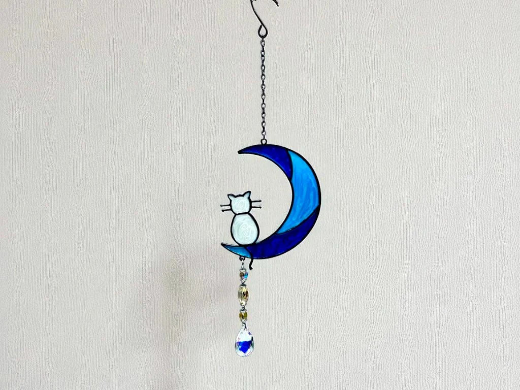 COLGANTE ARMONIZADOR LUNA CON GATO VITRAUX CON CAIREL