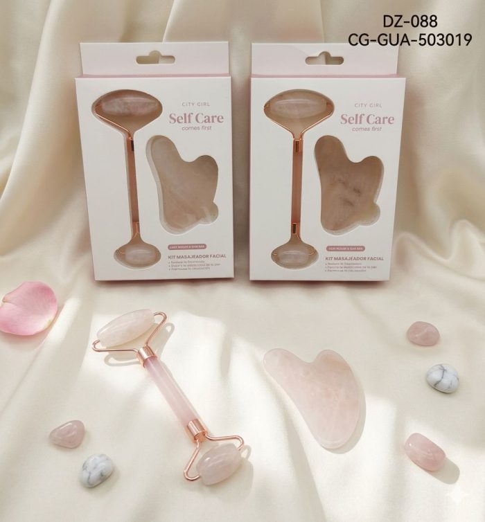 Kit de Masajeador Facial (incluye un Rodillo de Cuarzo Rosa y una piedra Gua Sha). City Girl