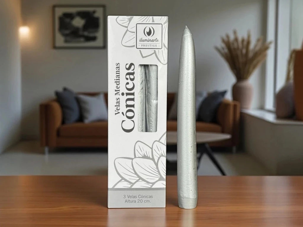 3 Velas Medianas Cónicas 20cm Oro/Plata