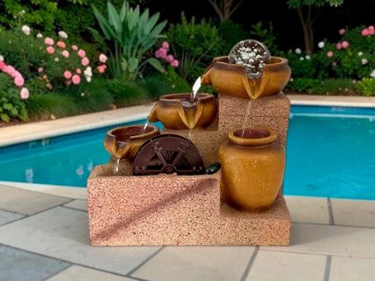 Fuentes de Agua y Jardín Zen: Set de 4 Tinajas con Rueda y Luz 22 cm