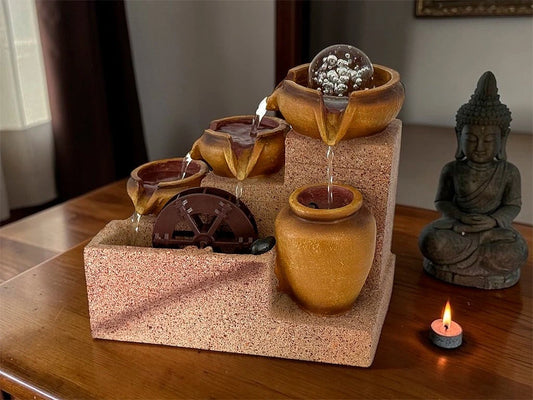Fuentes de Agua y Jardín Zen: Set de 4 Tinajas con Rueda y Luz 22 cm