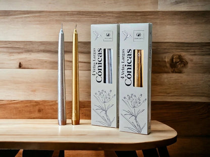 VELAS CONICAS LARGAS X4 25CM ORO/PLATA