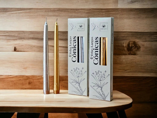 VELAS CONICAS LARGAS X4 25CM ORO/PLATA