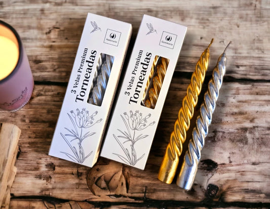 3 Velas Premium Torneadas 20cm Oro/Plata