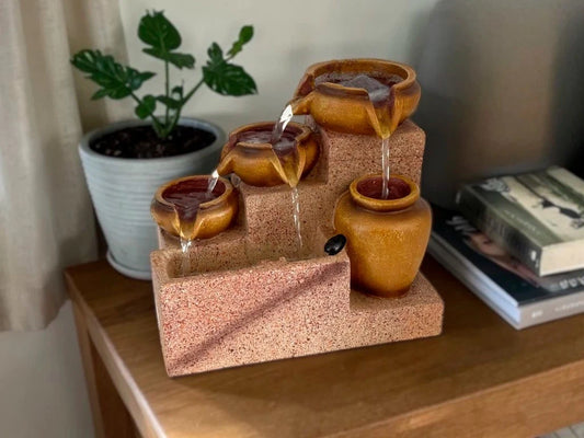 Fuentes de Agua y Jardín Zen: Set de 4 Tinajas con Rueda y Luz 22 cm