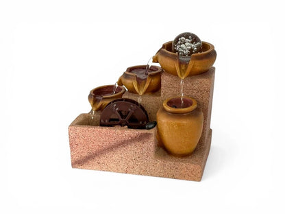 Fuentes de Agua y Jardín Zen: Set de 4 Tinajas con Rueda y Luz 22 cm