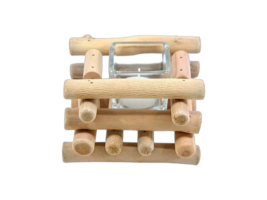 PORTA VELAS DE VIDRIO Y MADERA