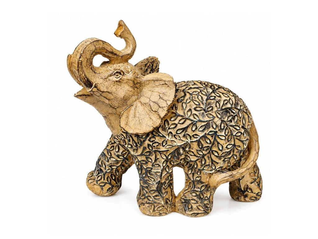 IMAGEN ELEFANTE LINEA MANTO HOJAS RESINA 14CM