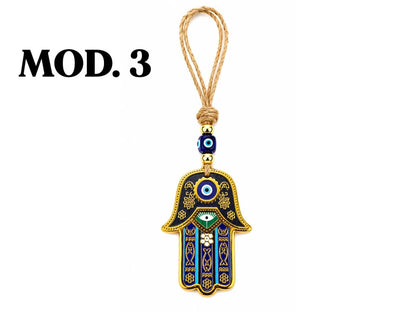 COLGANTE MANO DE FATIMA OJO TURCO LINEA GOLD HILO YUTE 24CM