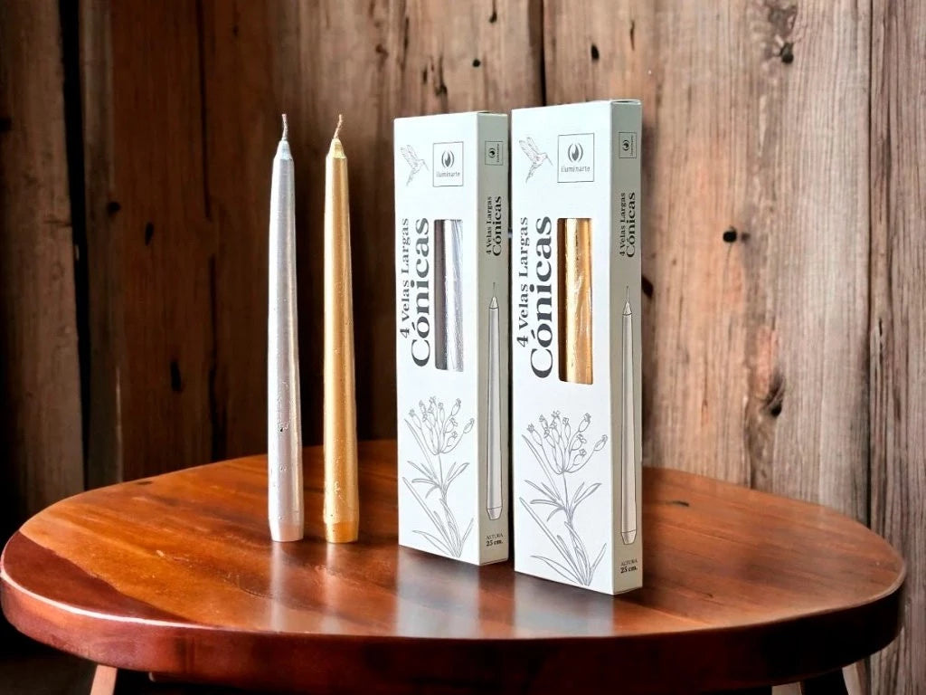 VELAS CONICAS LARGAS X4 25CM ORO/PLATA