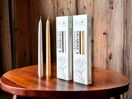 VELAS CONICAS LARGAS X4 25CM ORO/PLATA
