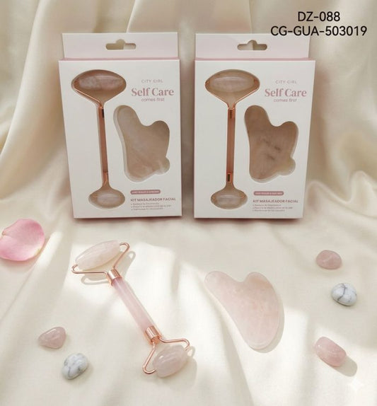 Kit de Masajeador Facial (incluye un Rodillo de Cuarzo Rosa y una piedra Gua Sha). City Girl