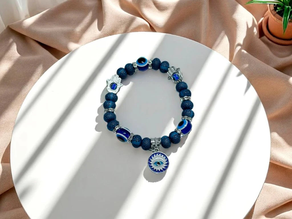 Pulsera Azul con Pasante Mano de Fátima y Dije Ojo Turco