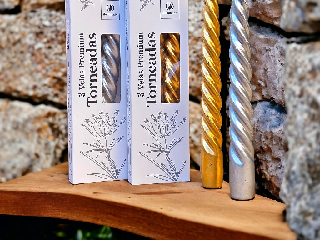 3 Velas Premium Torneadas 20cm Oro/Plata