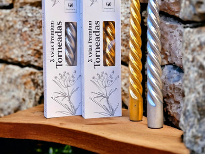 3 Velas Premium Torneadas 20cm Oro/Plata