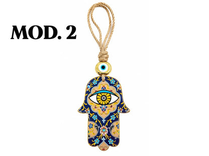 COLGANTE MANO DE FATIMA OJO TURCO LINEA GOLD HILO YUTE 24CM