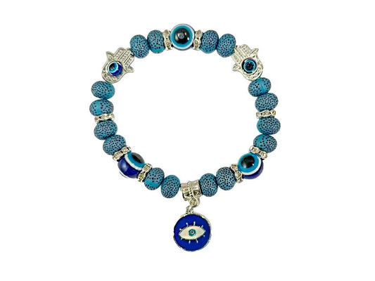 Pulsera Azul con Pasante Mano de Fátima y Dije Ojo Turco