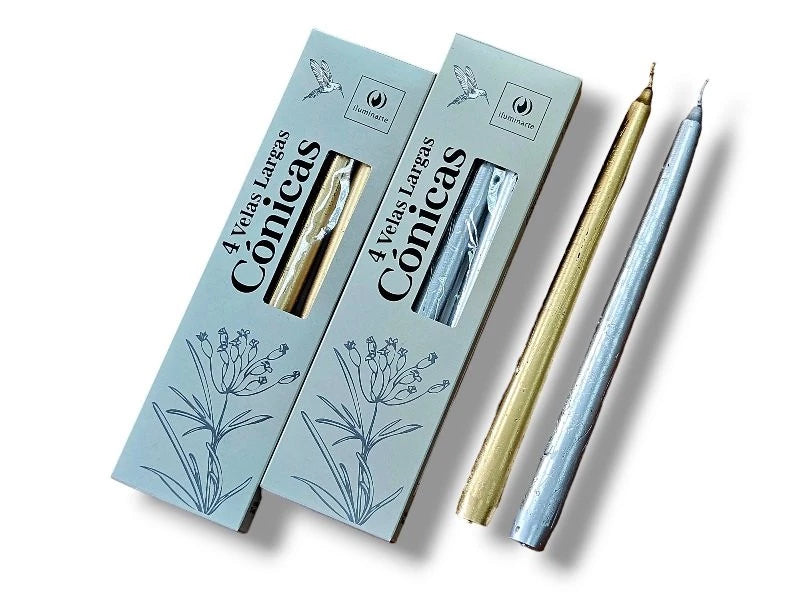 VELAS CONICAS LARGAS X4 25CM ORO/PLATA