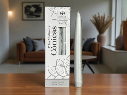 3 Velas Medianas Cónicas 20cm Oro/Plata