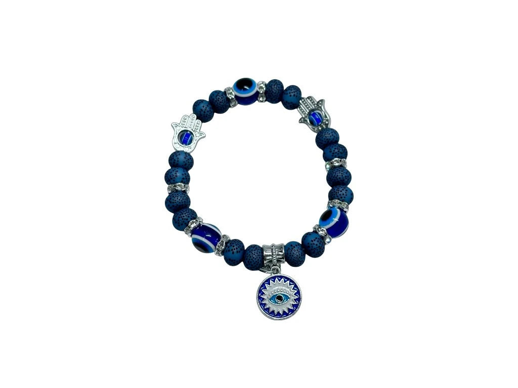 Pulsera Azul con Pasante Mano de Fátima y Dije Ojo Turco