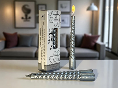 Velas Torneadas Chica 15cm Caja x 6 Oro/Plata